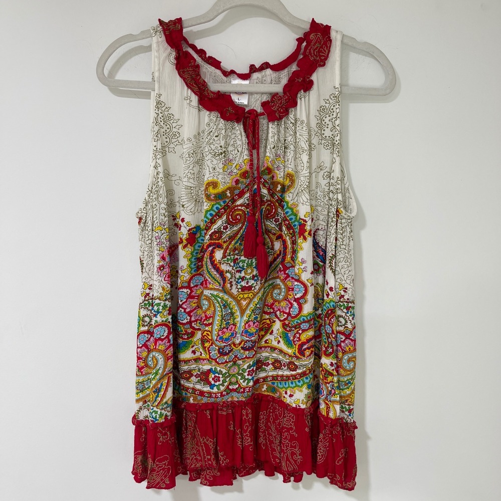Bila Paisley Tank Top Womens Large Multicolor Sleeveless Ruffle Tassel Festival